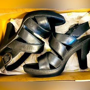 BORN Micheline Black Strappy 4” Leather Heels Size 8
